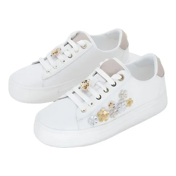 Karl Lagerfeld Cate Fleur Lace-Up Sneakers White Dusty Nude US 6.5M EU 37 - Picture 2 of 6